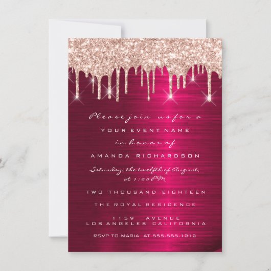Spark Glitter Drips Roze Rood Marsala Bruids 16e Kaart (Voorkant)