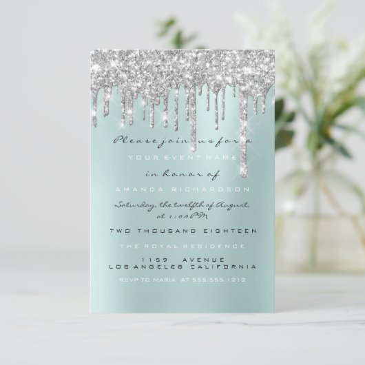Spark Glitter Drips Zilver Aqua Bruids Sweet 16th Kaart (Staand voorkant)