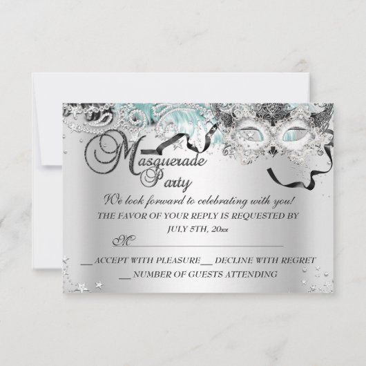Sparkas Turquoise Argent Masquerade Party RSVP (Dos)