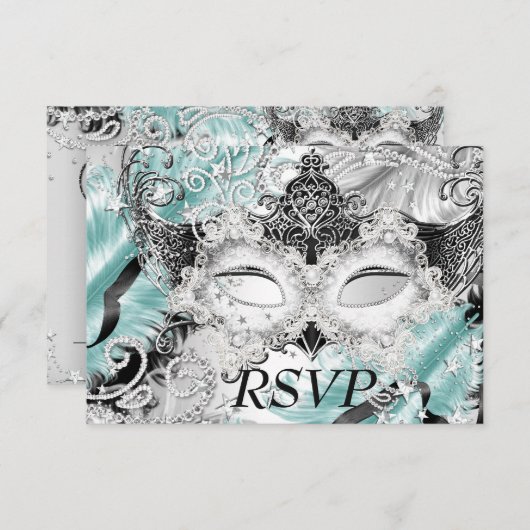 Sparkas Turquoise Argent Masquerade Party RSVP (Devant / Derrière)