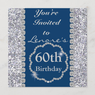 Sparkle 60th Birthday Party ROYAL BLUE Invitation Kaart