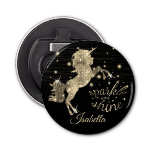 Sparkle and Shine Gold Unicorn Button Flesopener