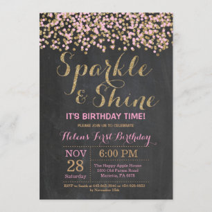 Sparkle and Shine Pink Gold Birthday Invitation Kaart