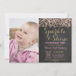Sparkle and Shine Pink Gold Birthday Invitation Kaart