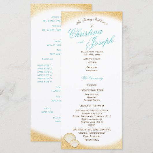 Sparkle Beach Golden Seashell huwelijksprogramma Programma (Voorkant / Achterkant)