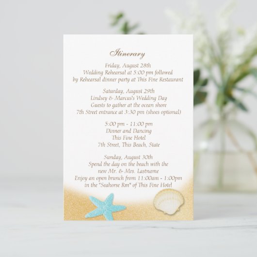 Sparkle Beach Seashell Aqua Wedding Interary Informatiekaartje (Staand voorkant)