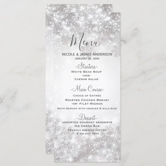 Sparkle blanc Snowflakes Menu Mariage d'hiver (Devant / Derrière)