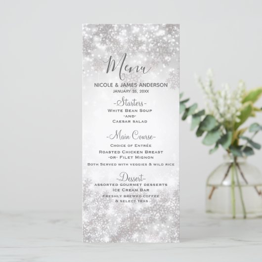 Sparkle blanc Snowflakes Menu Mariage d'hiver (Debout devant)