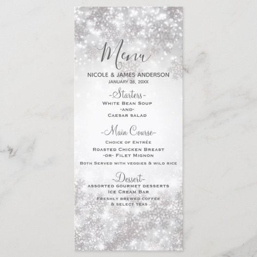Sparkle blanc Snowflakes Menu Mariage d'hiver (Devant)
