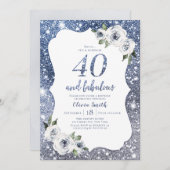 Sparkle blauwe glitter en bloemen 40e verjaardag kaart (Voorkant / Achterkant)