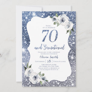 Sparkle blauwe glitter en bloemenpracht 70ste verj kaart