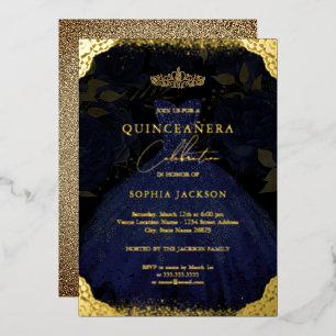 Sparkle Blauwe Gouden Jurk Tiara Quinceanera Folie Uitnodiging