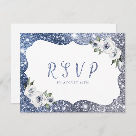 Sparkle blauwe zilveren glitter bloemenbruiloft RS Uitnodiging Briefkaart (Voorkant / Achterkant)