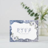 Sparkle blauwe zilveren glitter bloemenbruiloft RS Uitnodiging Briefkaart (Staand voorkant)
