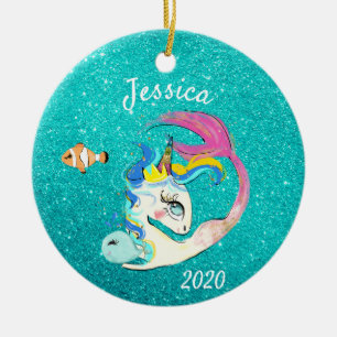 Sparkle Blauwgroen Mermaid Unicorn Speciaal glitte Keramisch Ornament