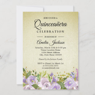 Sparkle Bloem Paars Goud Quinceanera Uitnodiging