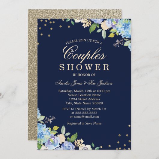 Sparkle Bloemen Blauw Goud Koppels Douche Uitnodig Kaart (Voorkant / Achterkant)