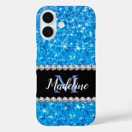 Sparkle Blue Glitter en Pareltjes met naam en mono iPhone 16 Hoesje