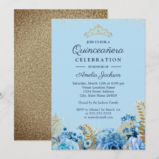 Sparkle Blue Gold Glitter bloemenquinceanera 15e Kaart (Voorkant / Achterkant)