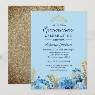 Sparkle Blue Gold Glitter bloemenquinceanera 15e Kaart
