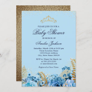 Sparkle Blue Gold Glitter Floral Baby shower Kaart