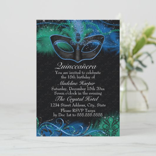 Sparkle Blue & Green Mask Masquerade Quinceanera Kaart (Staand voorkant)