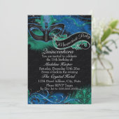 Sparkle Blue & Green Mask Masquerade Quinceanera Kaart (Staand voorkant)