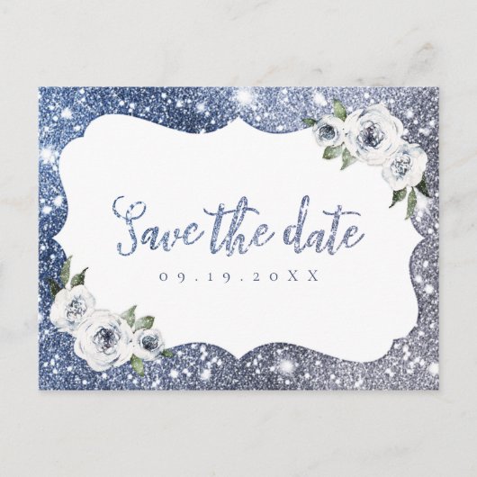 Sparkle blue silver glitter floral save the date aankondigingskaart (Voorkant)