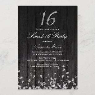 Sparkle Diamant zwart zilver Sweet 16 Uitnodiging