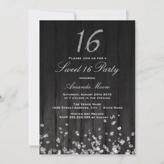 Sparkle Diamond noir argent Sweet 16 Invitation (Devant)