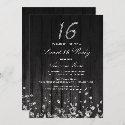 Sparkle Diamond noir argent Sweet 16 Invitation (Devant / Derrière)