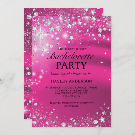 Sparkle Diamond Pink Bachelorette Party Uitnodigin Kaart (Voorkant / Achterkant)
