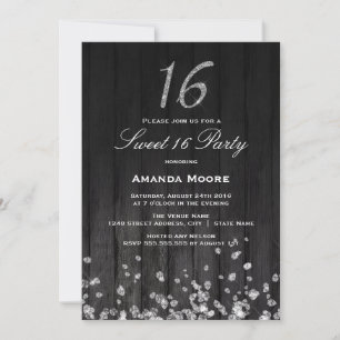 Sparkle Diamond Silver Black Sweet 16 Invitation