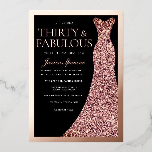 Sparkle Dress 30th Birthday Party Black Rose Gold Folie Uitnodiging (Voorkant)