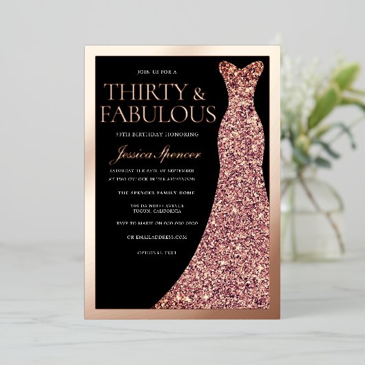 Sparkle Dress 30th Birthday Party Black Rose Gold Folie Uitnodiging (Staand Voorkant)