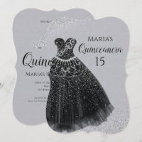 Sparkle Dress Black Silver Quinceañera-uitnodiging
