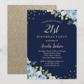 Sparkle Floral Blue 21st Verjaardagsfeest Kaart (Voorkant / Achterkant)