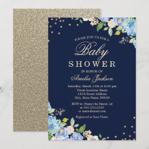 Sparkle Floral Blue Gold Boy Baby shower Kaart
