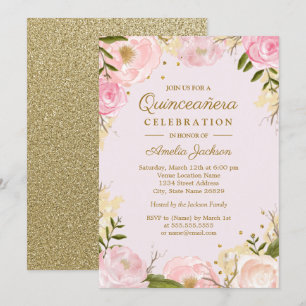 Sparkle Floral Gold Pink Quinceanera Kaart