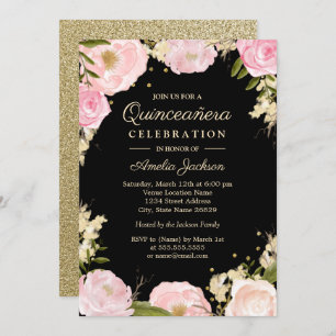 Sparkle Floral Goud Roze Zwart Quinceanera Kaart