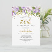 Sparkle Floral Paars 100th Birthday Invite Kaart (Staand voorkant)