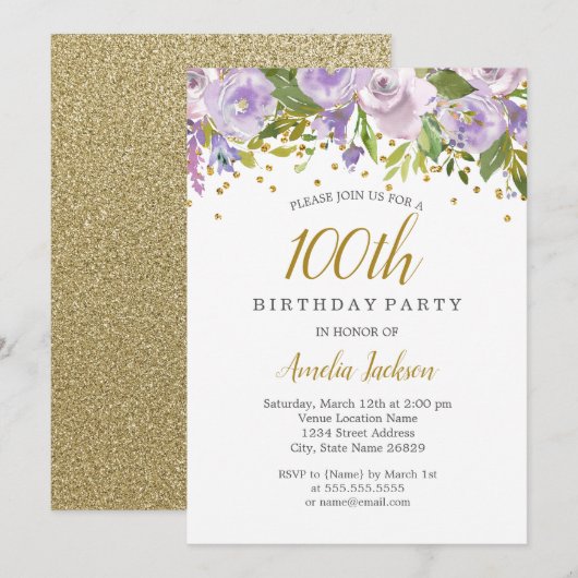 Sparkle Floral Paars 100th Birthday Invite Kaart (Voorkant / Achterkant)