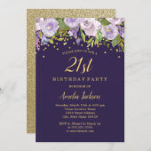 Sparkle Floral Paars Gold 21st Birthday Invite Kaart (Voorkant / Achterkant)