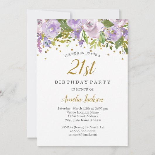 Sparkle Floral Paarse 21ste Verjaardag Uitnodigen Kaart (Voorkant)