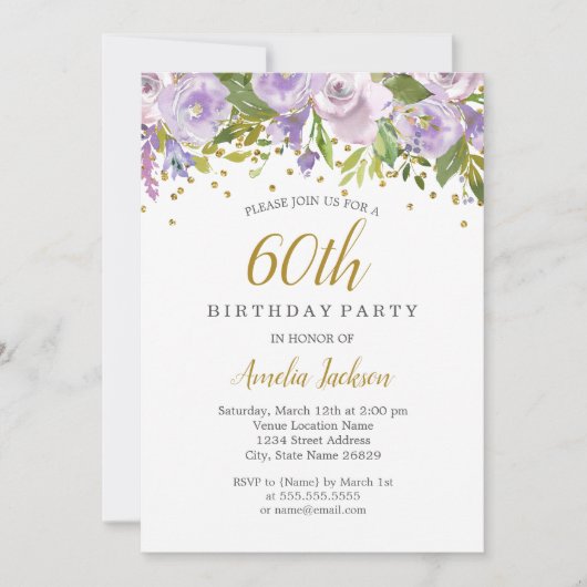 Sparkle Floral Paarse 60ste Verjaardag Uitnodigen Kaart (Voorkant)