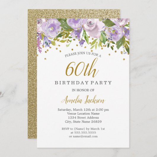 Sparkle Floral Paarse 60ste Verjaardag Uitnodigen Kaart (Voorkant / Achterkant)