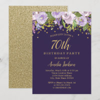 Sparkle Floral Paarse Goud 70e Verjaardag Uitnodig