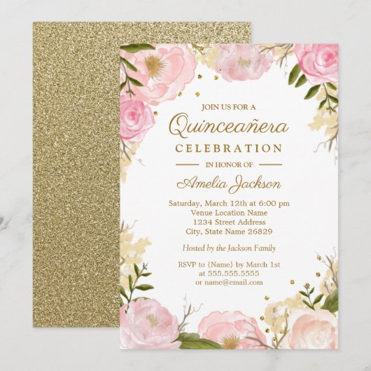 Sparkle Floral Roze Goud Quinceanera Kaart (Voorkant / Achterkant)