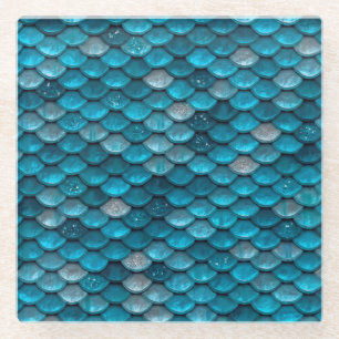 Sparkle Glitter Blue Blauwgroen Aqua Mermaid Scale Glazen Onderzetter
