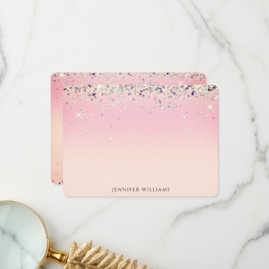 Sparkle Glitter Border Pink Custom Name Note Card Bedankkaart (Voorkant / Achterkant in situ)